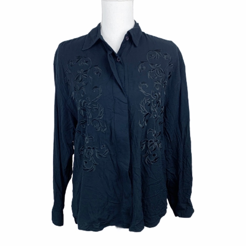 Georges Marciano Button Up Shirt Women Medium Black Long Sleeve Floral Embroider